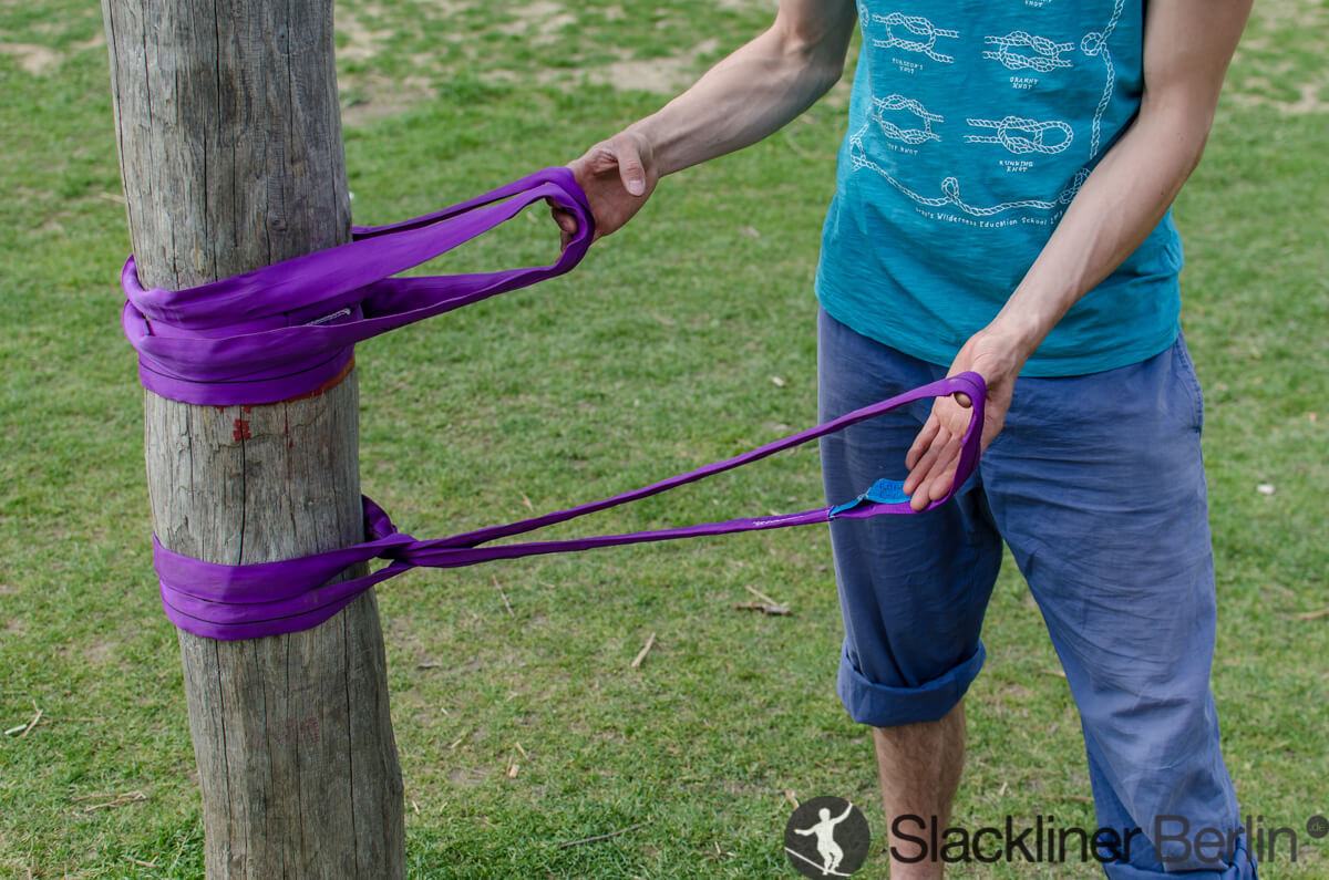 Aufbau eines sechsteiligen Slackline Sets (Ratsche, Schäkel und